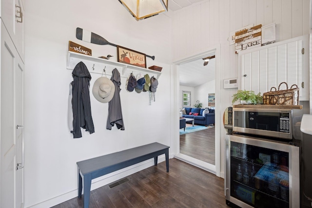 68018 217th St, Ellsworth Twp, MN 55324 - mudroom with beverage cooler and dark wood-style floors
