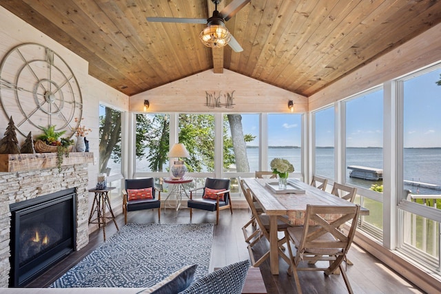 68018 217th St, Ellsworth Twp, MN 55324 - sunroom / solarium featuring a water view, hardwood / wood-style flooring, wood ceiling, and plenty of natural light