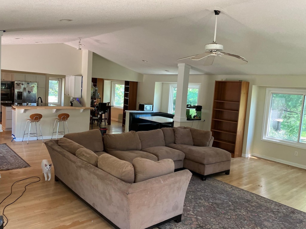 14405 Drumlin Ct, Apple Valley, MN 55124 - living area featuring light wood finished floors, vaulted ceiling, ceiling fan, and healthy amount of natural light
