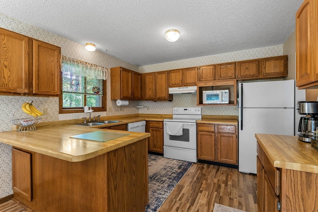 4885 262nd St, Wyoming, MN 55092 - kitchen with white appliances, wallpapered walls, under cabinet range hood, butcher block countertops, and dark wood finished floors