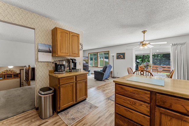 4885 262nd St, Wyoming, MN 55092 - kitchen with light wood-style floors, light countertops, a textured ceiling, and a ceiling fan
