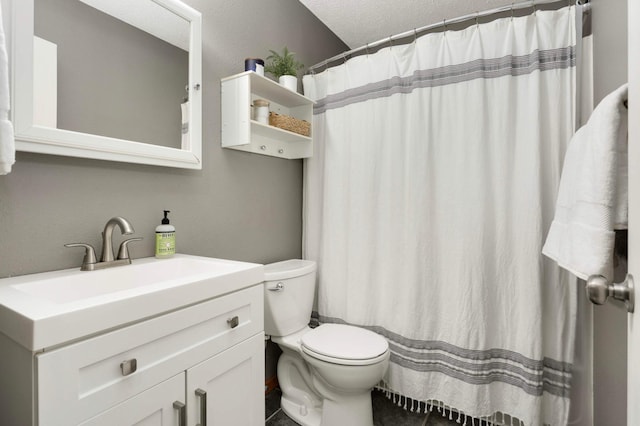 14301 Princeton Ave, Savage, MN 55378 - bathroom featuring vanity, a textured ceiling, and a shower with curtain