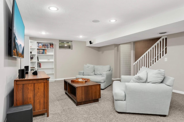 14301 Princeton Ave, Savage, MN 55378 - living area with light carpet, recessed lighting, and stairway