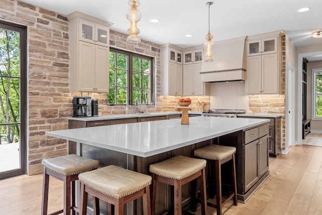 21386 Dorothy Way, Spring Lake Twp, MN 55372 - kitchen with premium range hood, light countertops, light wood-type flooring, healthy amount of natural light, and recessed lighting