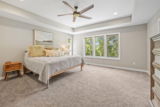 21386 Dorothy Way, Spring Lake Twp, MN 55372 - bedroom featuring a tray ceiling, recessed lighting, light carpet, and ceiling fan