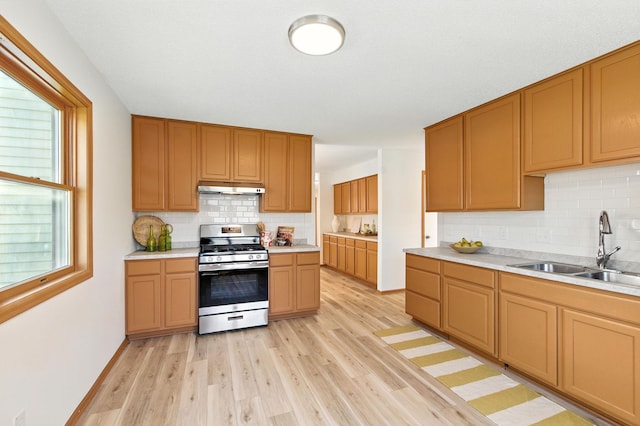 726 Thomas Ave, Saint Paul, MN 55104 - kitchen featuring stainless steel gas range oven, under cabinet range hood, light wood-type flooring, and tasteful backsplash