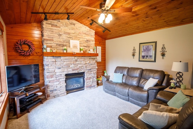 32433 Cedar St, Breezy Point, MN 56472 - living area with wooden ceiling, lofted ceiling, carpet, track lighting, and wood walls