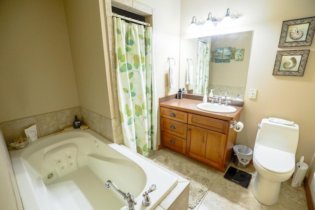 32433 Cedar St, Breezy Point, MN 56472 - bathroom featuring a whirlpool tub, vanity, tile patterned floors, and a shower with curtain