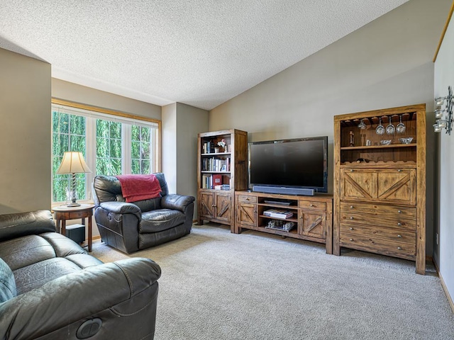 1483 Woods Creek Dr, Delano, MN 55328 - living area featuring light carpet, a textured ceiling, and lofted ceiling