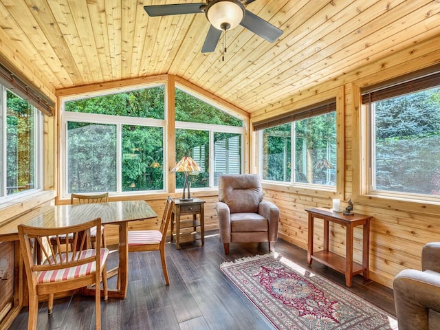 1483 Woods Creek Dr, Delano, MN 55328 - sunroom with lofted ceiling, wood ceiling, healthy amount of natural light, a wooden deck, and wooden walls