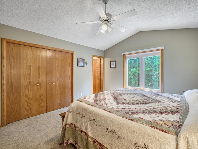 1483 Woods Creek Dr, Delano, MN 55328 - carpeted bedroom featuring a closet, lofted ceiling, ceiling fan, and a textured ceiling