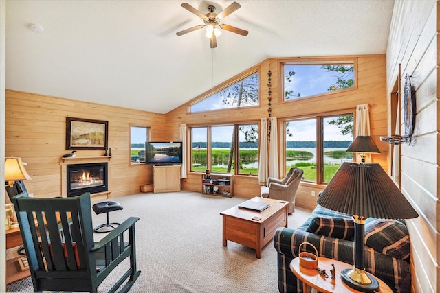 11959 Northgate Ln, Fifty Lakes, MN 56442 - carpeted living area featuring wood walls, a glass covered fireplace, ceiling fan, and high vaulted ceiling