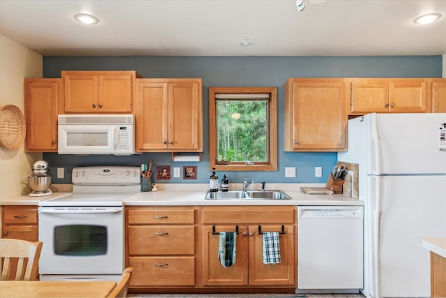11959 Northgate Ln, Fifty Lakes, MN 56442 - kitchen featuring white appliances, light countertops, light brown cabinetry, and recessed lighting