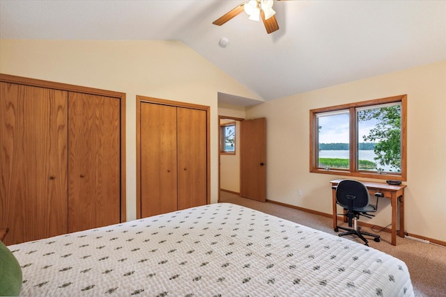 11959 Northgate Ln, Fifty Lakes, MN 56442 - bedroom featuring lofted ceiling, carpet flooring, multiple closets, multiple windows, and ceiling fan