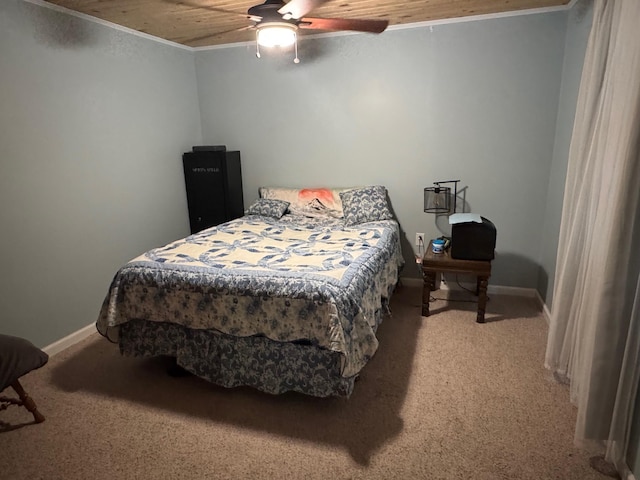 40149 181st St, Mickinock Twp, MN 56761 - bedroom with light colored carpet, ornamental molding, a ceiling fan, and wood ceiling