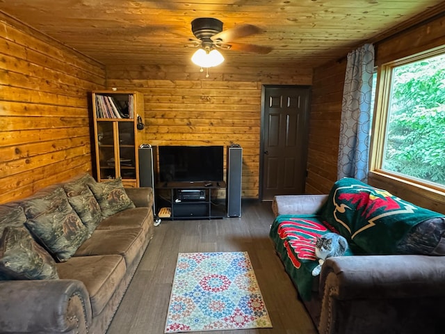 40149 181st St, Mickinock Twp, MN 56761 - living room featuring wooden ceiling, a ceiling fan, wooden walls, and wood finished floors