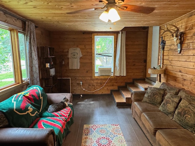 40149 181st St, Mickinock Twp, MN 56761 - living room featuring wood ceiling, healthy amount of natural light, a ceiling fan, hardwood / wood-style flooring, and wooden walls