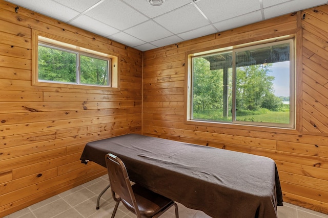 17053 490th St, Shamrock Twp, MN 55760 - recreation room featuring light tile patterned flooring, wooden walls, and a paneled ceiling