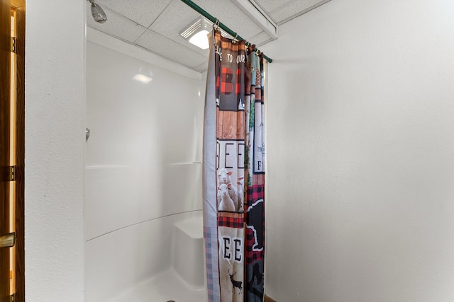 17053 490th St, Shamrock Twp, MN 55760 - bathroom with a stall shower and a paneled ceiling