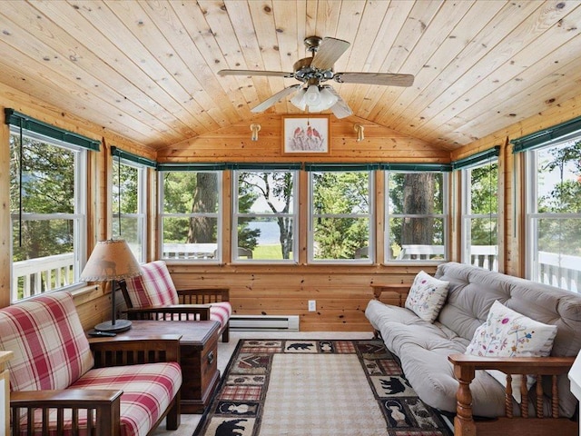 26713 Pelican Beach Rd, Lake Edward Twp, MN 56465 - sunroom / solarium featuring vaulted ceiling, plenty of natural light, baseboard heating, wooden ceiling, and wooden walls