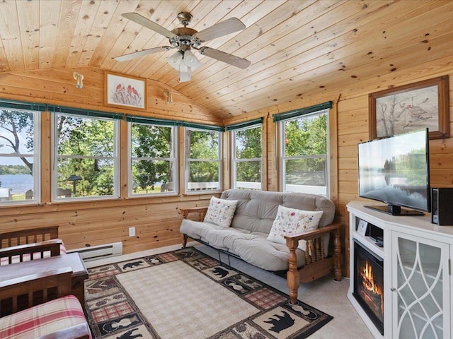 26713 Pelican Beach Rd, Lake Edward Twp, MN 56465 - living room with vaulted ceiling, wood ceiling, wooden walls, a ceiling fan, and baseboard heating