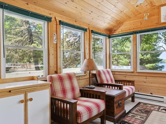 26713 Pelican Beach Rd, Lake Edward Twp, MN 56465 - sunroom featuring lofted ceiling, wood walls, and healthy amount of natural light