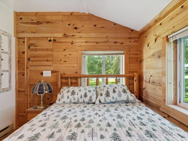26713 Pelican Beach Rd, Lake Edward Twp, MN 56465 - bedroom featuring a baseboard heating unit, lofted ceiling, and wooden walls