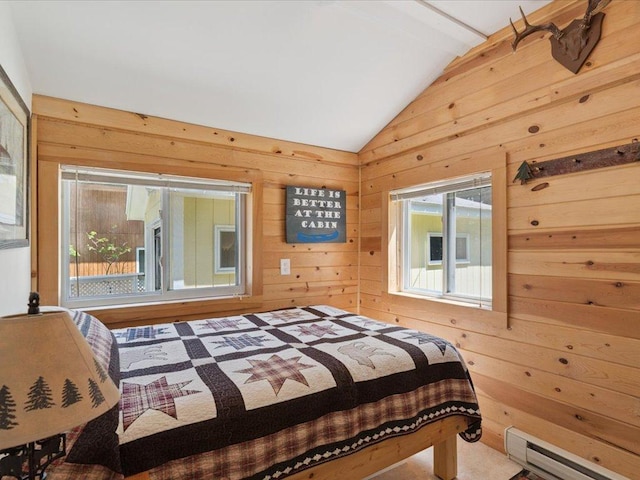 26713 Pelican Beach Rd, Lake Edward Twp, MN 56465 - bedroom featuring baseboard heating, vaulted ceiling, and wood walls