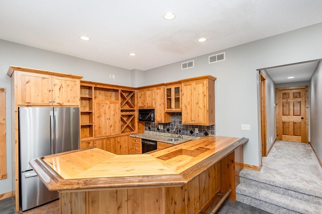 2655 88th Ct W, Northfield, MN 55057 - kitchen with black appliances, butcher block counters, open shelves, recessed lighting, and tasteful backsplash
