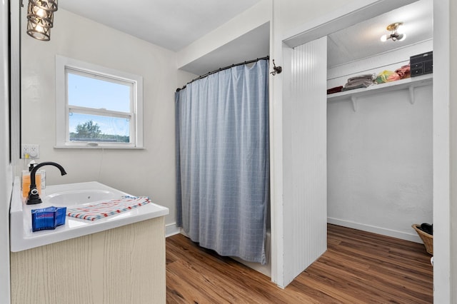 W2741 US Highway 10, Grant Twp, WI 54436 - bathroom with wood finished floors, vanity, curtained shower, and a walk in closet