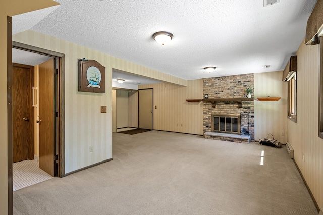 1010 Zanzibar Ln N, Plymouth, MN 55447 - unfurnished living room featuring light carpet, a textured ceiling, and a brick fireplace