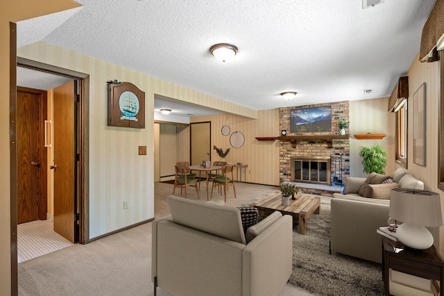 1010 Zanzibar Ln N, Plymouth, MN 55447 - living area featuring a textured ceiling, light colored carpet, a brick fireplace, and wallpapered walls