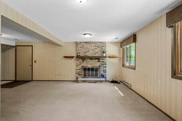 1010 Zanzibar Ln N, Plymouth, MN 55447 - unfurnished living room featuring baseboard heating, a textured ceiling, a brick fireplace, and carpet flooring