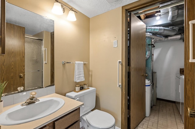 1010 Zanzibar Ln N, Plymouth, MN 55447 - full bathroom featuring vanity, a shower with door, a textured ceiling, brick patterned flooring, and washer and clothes dryer