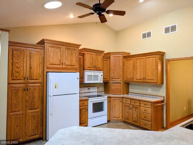 506 6th St SE, Little Falls, MN 56345 - kitchen featuring white appliances, a ceiling fan, brown cabinets, high vaulted ceiling, and light countertops
