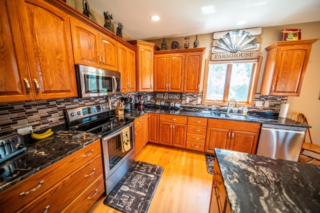 1322 Frontier Rd SE, Salem Twp, MN 55920 - kitchen featuring stainless steel appliances, dark stone counters, brown cabinets, and recessed lighting