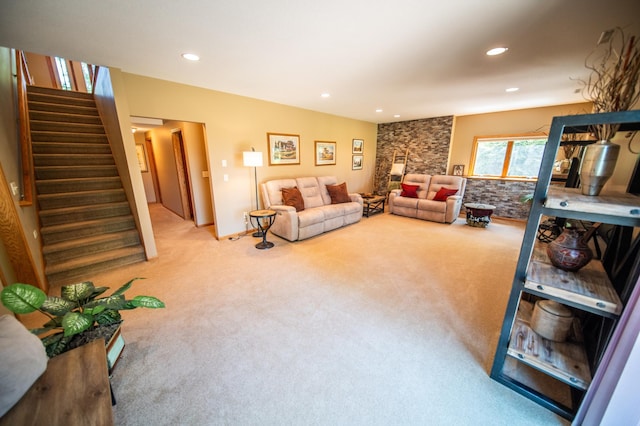 1322 Frontier Rd SE, Salem Twp, MN 55920 - living room with carpet flooring, stairway, and recessed lighting