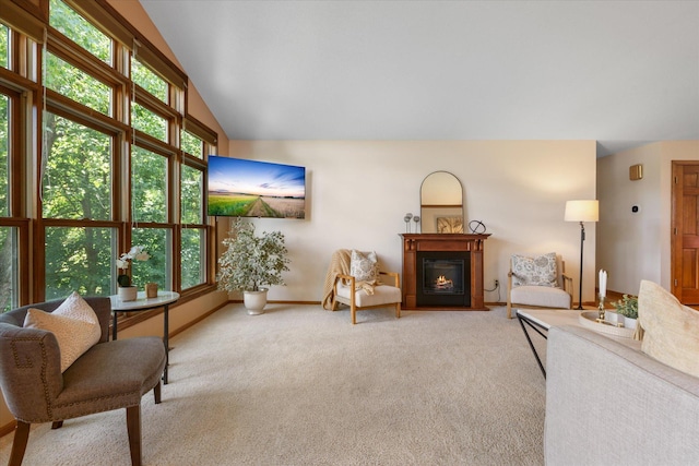 6961 Meadow Ct, Centerville, MN 55038 - living room featuring light colored carpet, lofted ceiling, and a glass covered fireplace