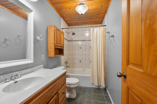 6961 Meadow Ct, Centerville, MN 55038 - full bathroom with vanity, shower / bathtub combination with curtain, tile patterned flooring, and wood ceiling