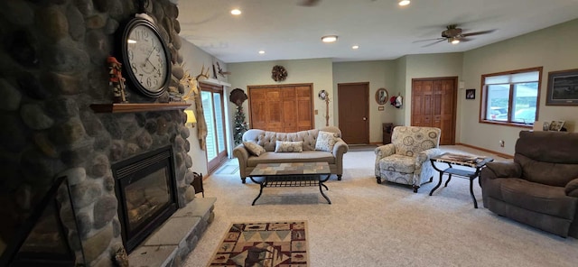 2473 Marshall St, Albert Lea, MN 56007 - carpeted living area featuring ceiling fan, recessed lighting, and a stone fireplace