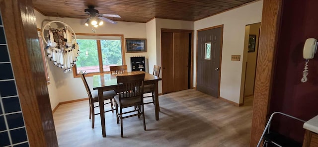 2473 Marshall St, Albert Lea, MN 56007 - dining room with wood ceiling, a ceiling fan, and wood finished floors