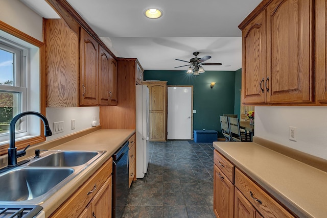 216 1st St SW, Melrose, MN 56352 - kitchen featuring ceiling fan, brown cabinetry, black dishwasher, and light countertops