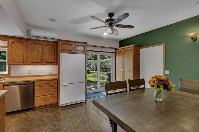 216 1st St SW, Melrose, MN 56352 - kitchen with freestanding refrigerator, dishwasher, a wall unit AC, brown cabinetry, and light countertops