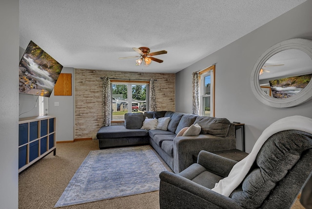 216 1st St SW, Melrose, MN 56352 - living room with a textured ceiling, ceiling fan, and carpet flooring