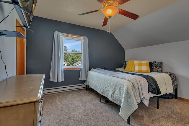 216 1st St SW, Melrose, MN 56352 - bedroom featuring baseboard heating, carpet flooring, vaulted ceiling, and ceiling fan