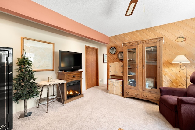 1602 19th Ave SW, Austin, MN 55912 - carpeted living area with wooden walls, a glass covered fireplace, and ceiling fan