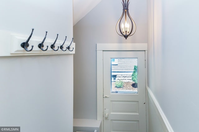 4709 Colfax Ave S, Minneapolis, MN 55419 - doorway to outside with a chandelier and vaulted ceiling