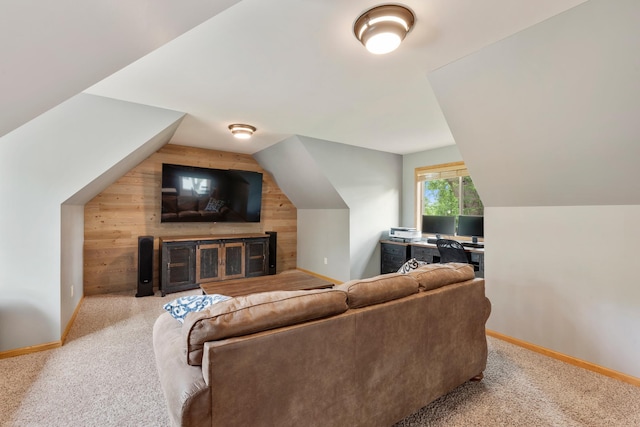 818 Myrtle St, Buffalo, MN 55313 - living room featuring wooden walls, vaulted ceiling, and carpet