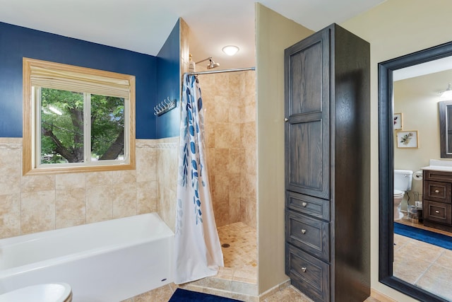 818 Myrtle St, Buffalo, MN 55313 - full bathroom featuring tiled shower, vanity, a tub, and tile patterned flooring