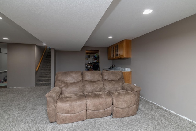 1478 Walnut St, Prescott, WI 54021 - living room featuring carpet, recessed lighting, stairway, and bar area